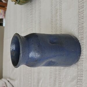 Hand thrown studio art pottery vase blue signed thumb spots 6 inches tall